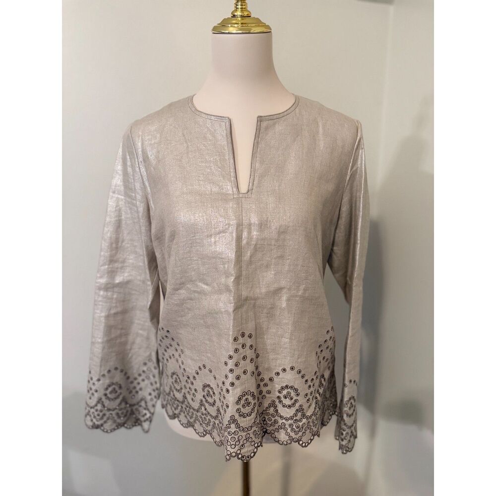 Talbots Petites 8 Metallic Linen Blouse Champagne Eyelet Scallop Hem Long Sleeve